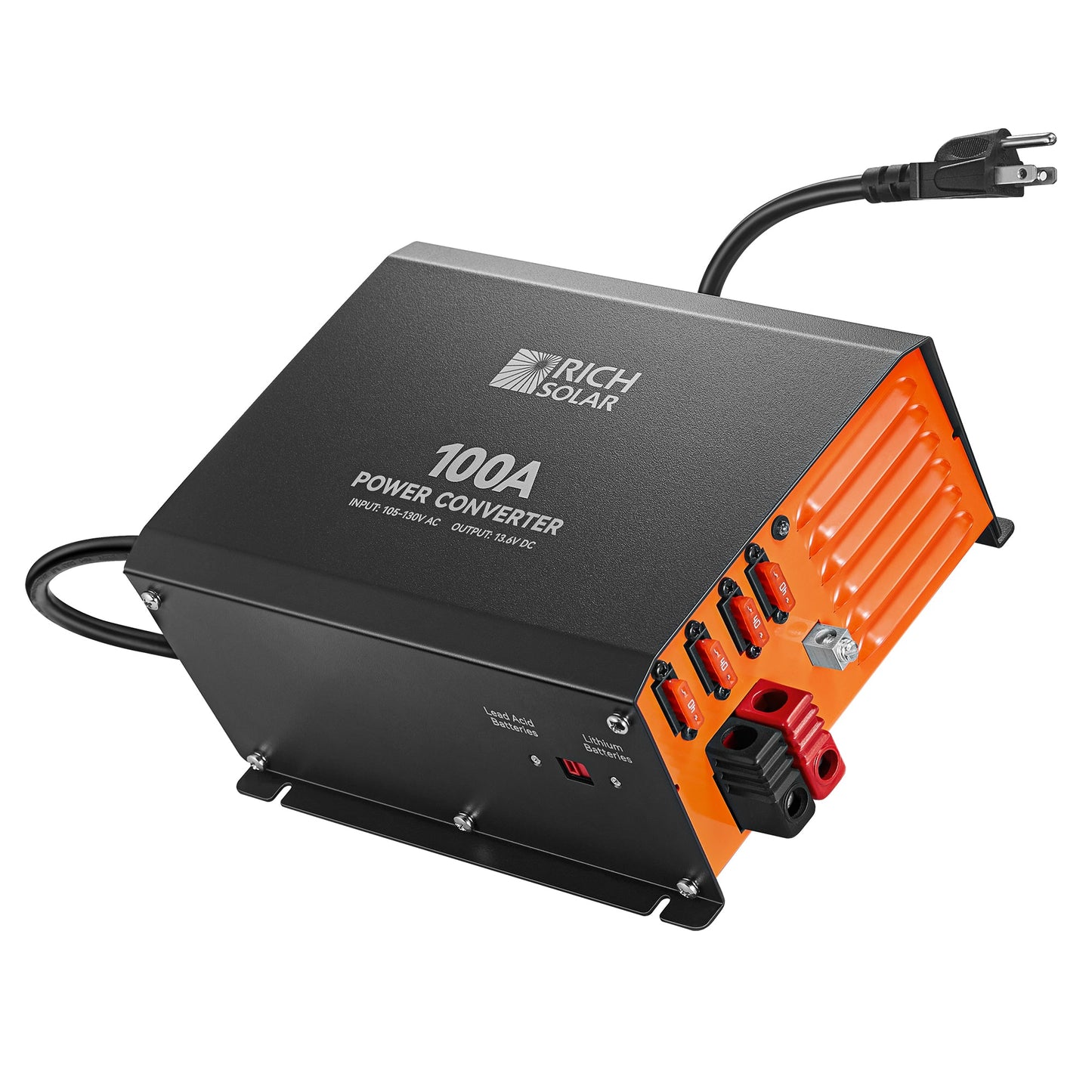 100 Amp power converter installed in an RV power compartment