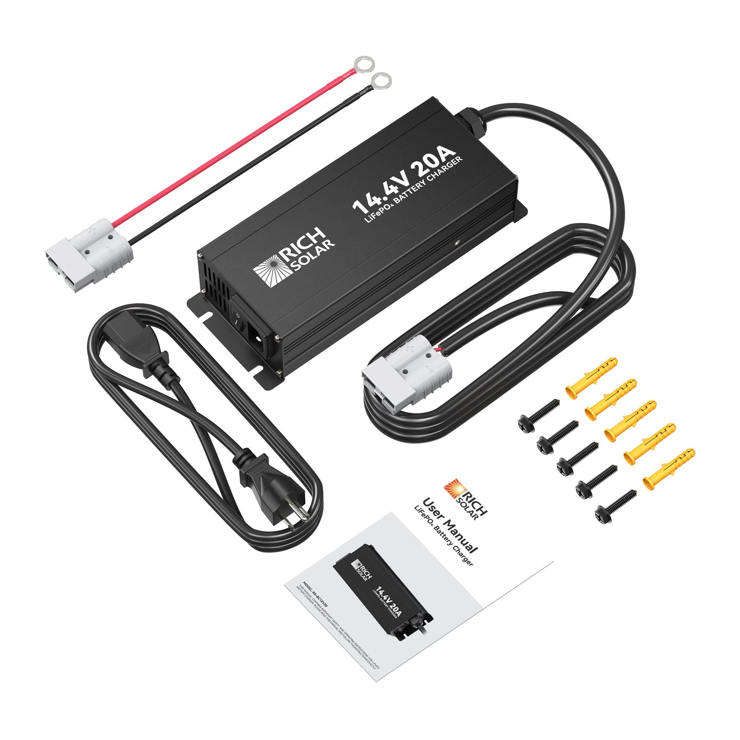 Dimensions and scale reference for the 12V 20A lithium charger