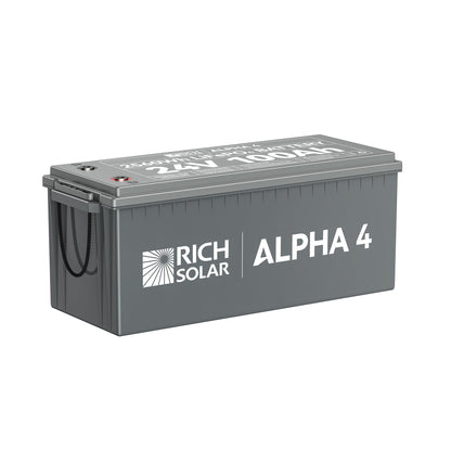 ALPHA 4 24V 100Ah LiFePO4 battery, front view of the case and terminals