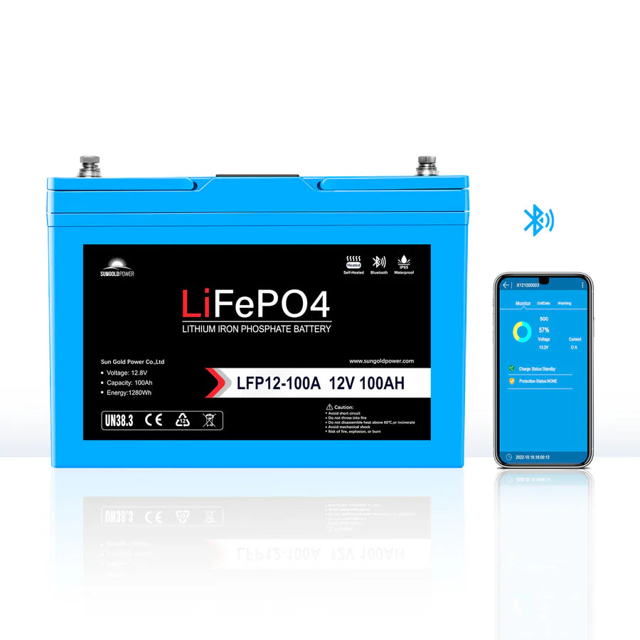 12V 100AH LiFePO4 Deep Cycle Lithium Battery - Bluetooth / Self-Heating / IP65