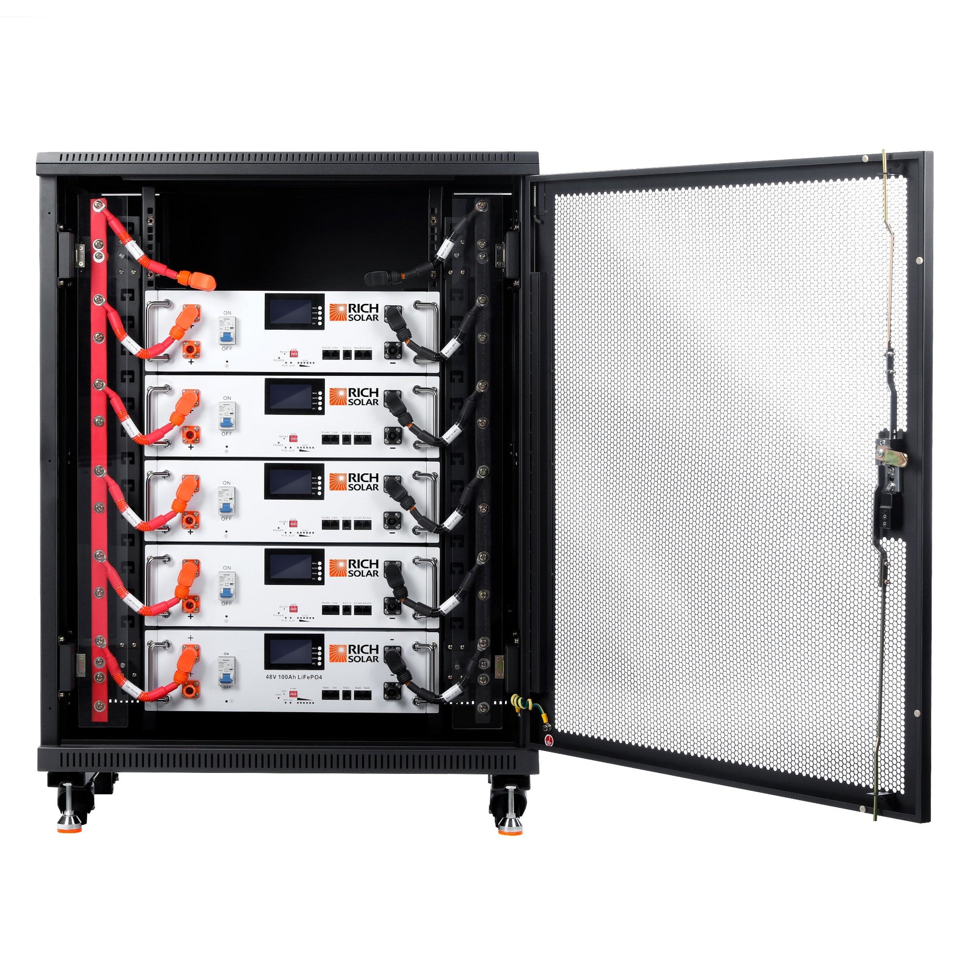 ALPHA 5 rack installation showing cable routing between batteries
