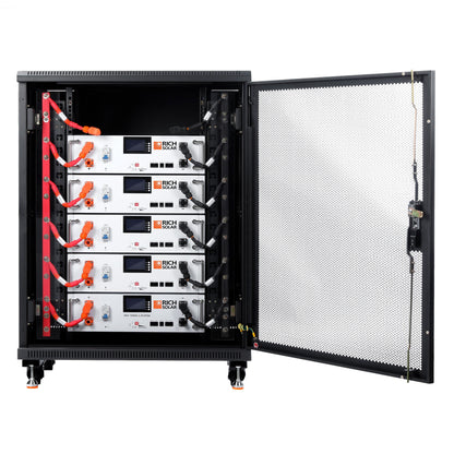ALPHA 5 rack installation showing cable routing between batteries
