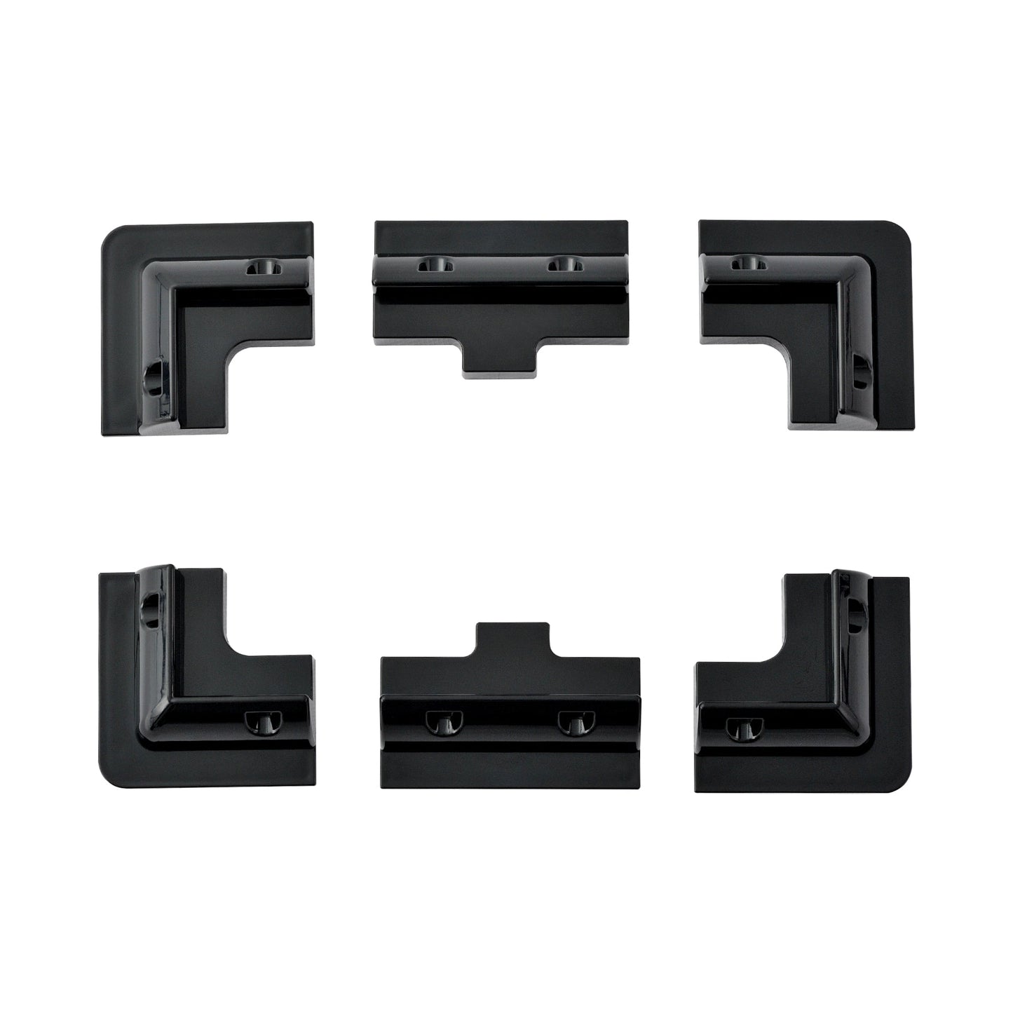 Set of six black ABS drill-free corner brackets for solar panel mounting