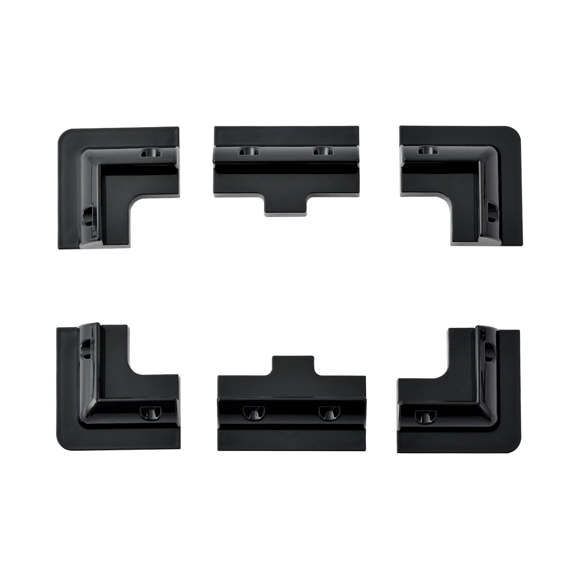 Set of six black ABS drill-free corner brackets for solar panel mounting