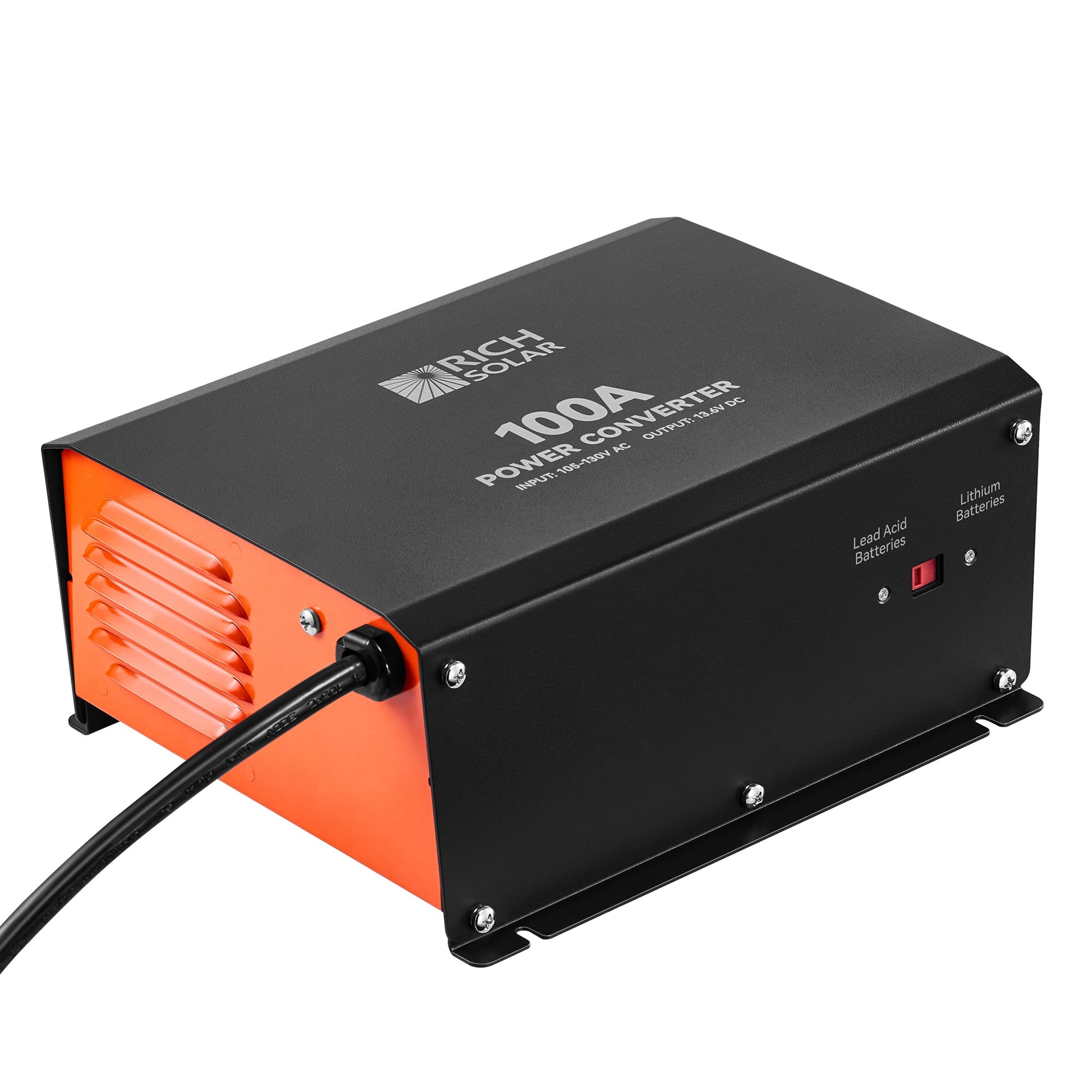 100 Amp power converter shown at an angle with side cooling vents visible