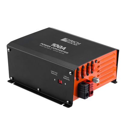 Rich Solar 100 Amp power converter, front view showing vented case and status label