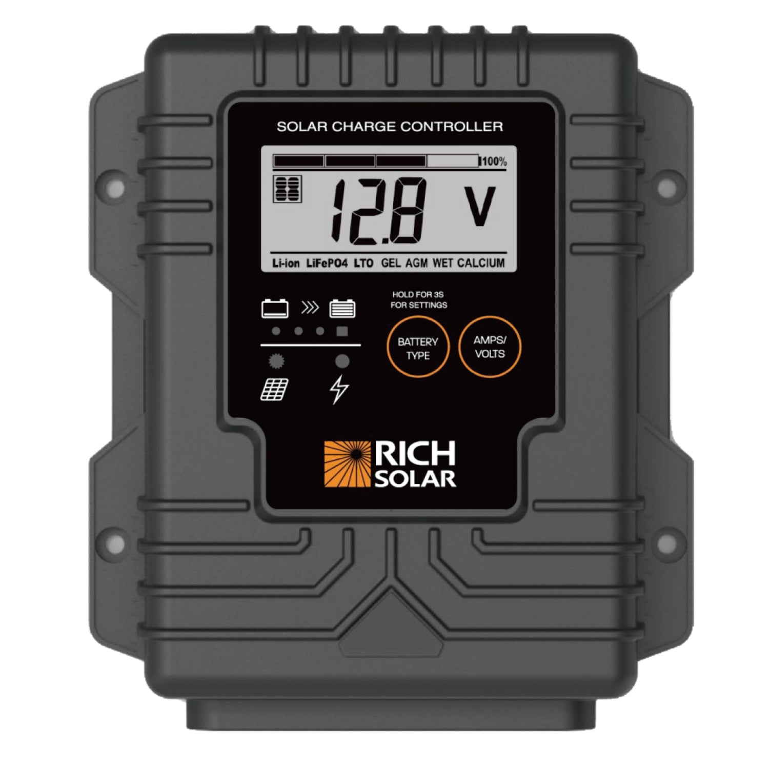BRAVO Waterproof 10 sealed PWM solar charge controller, front view