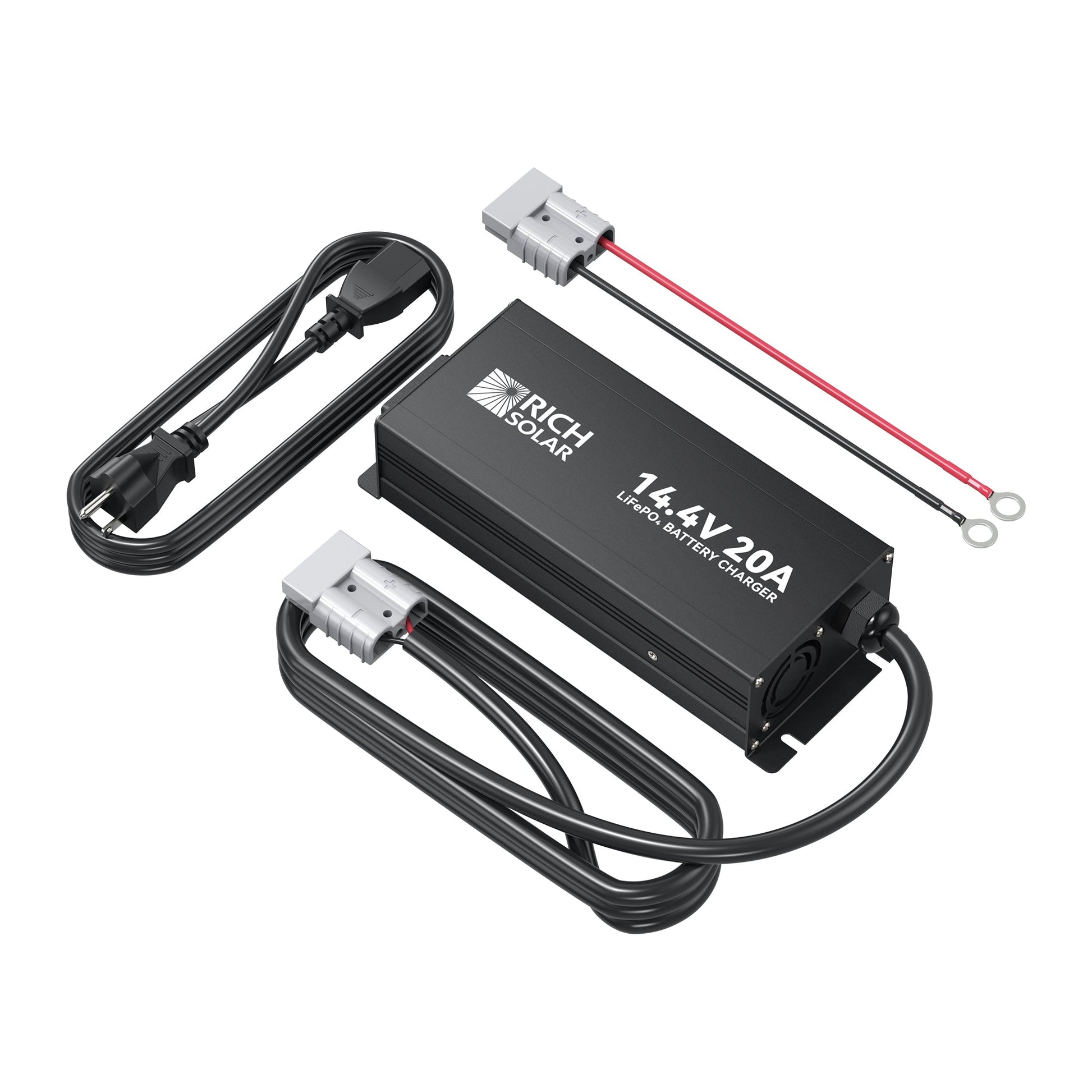 Rich Solar 12V 20A LiFePO4 battery charger, front view of the aluminium case
