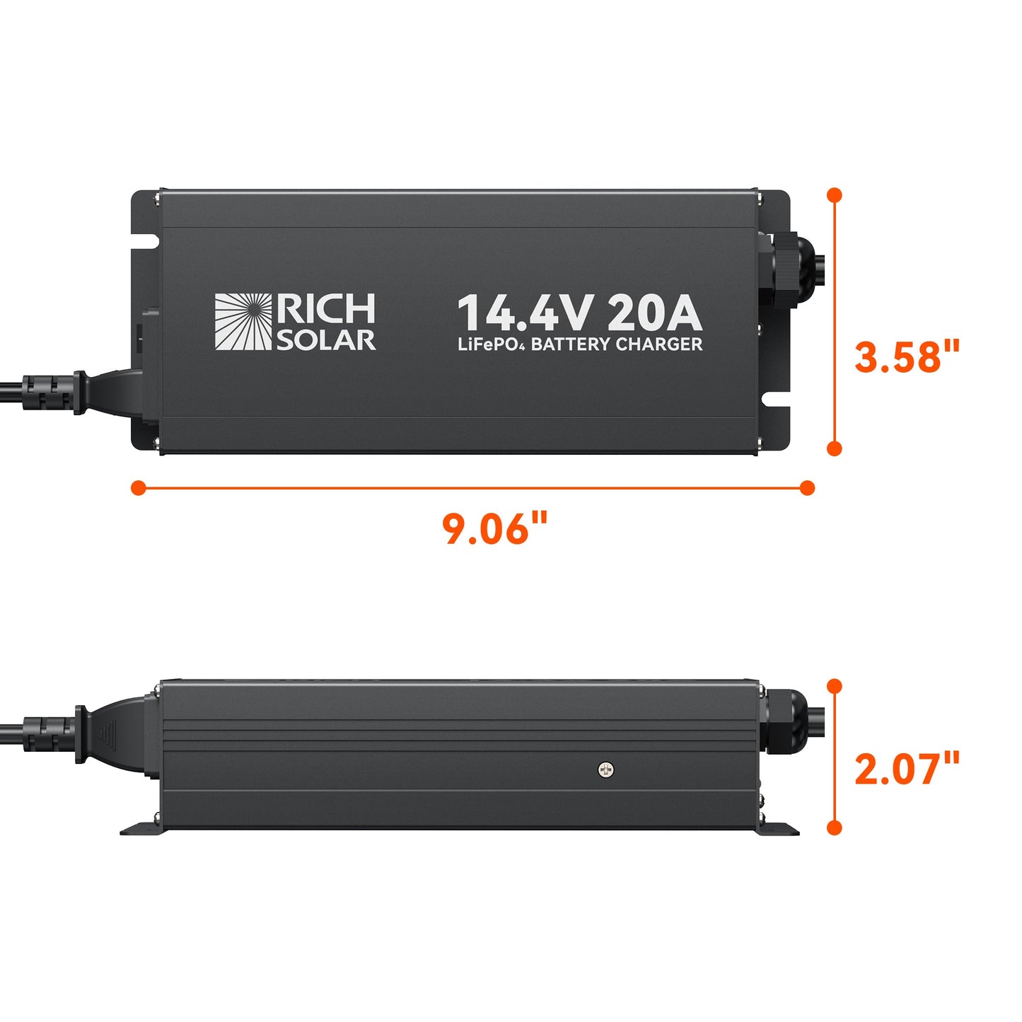 12V lithium charger shown at an angle with cooling fins visible
