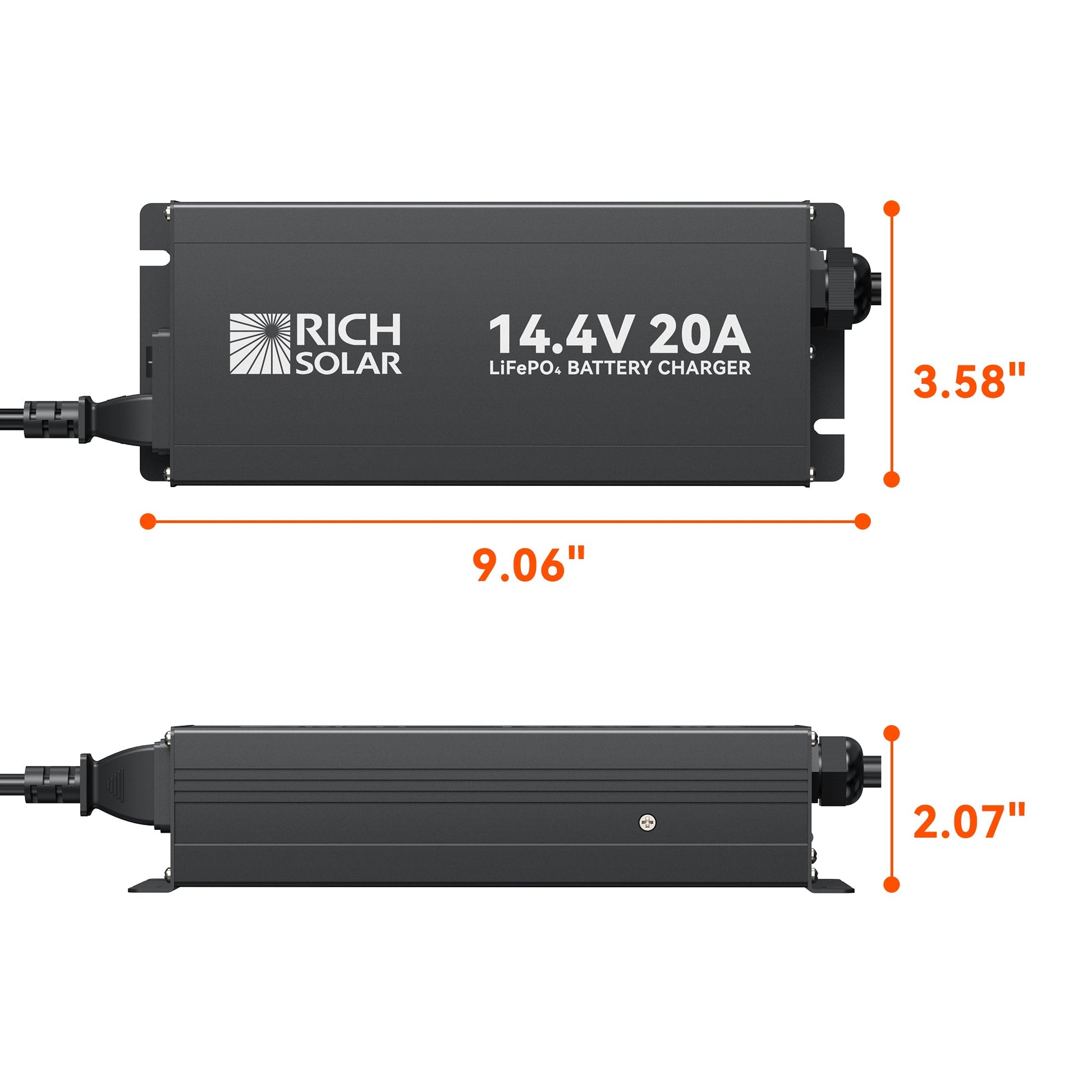 12V lithium charger shown at an angle with cooling fins visible