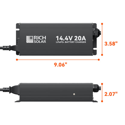 12V lithium charger shown at an angle with cooling fins visible