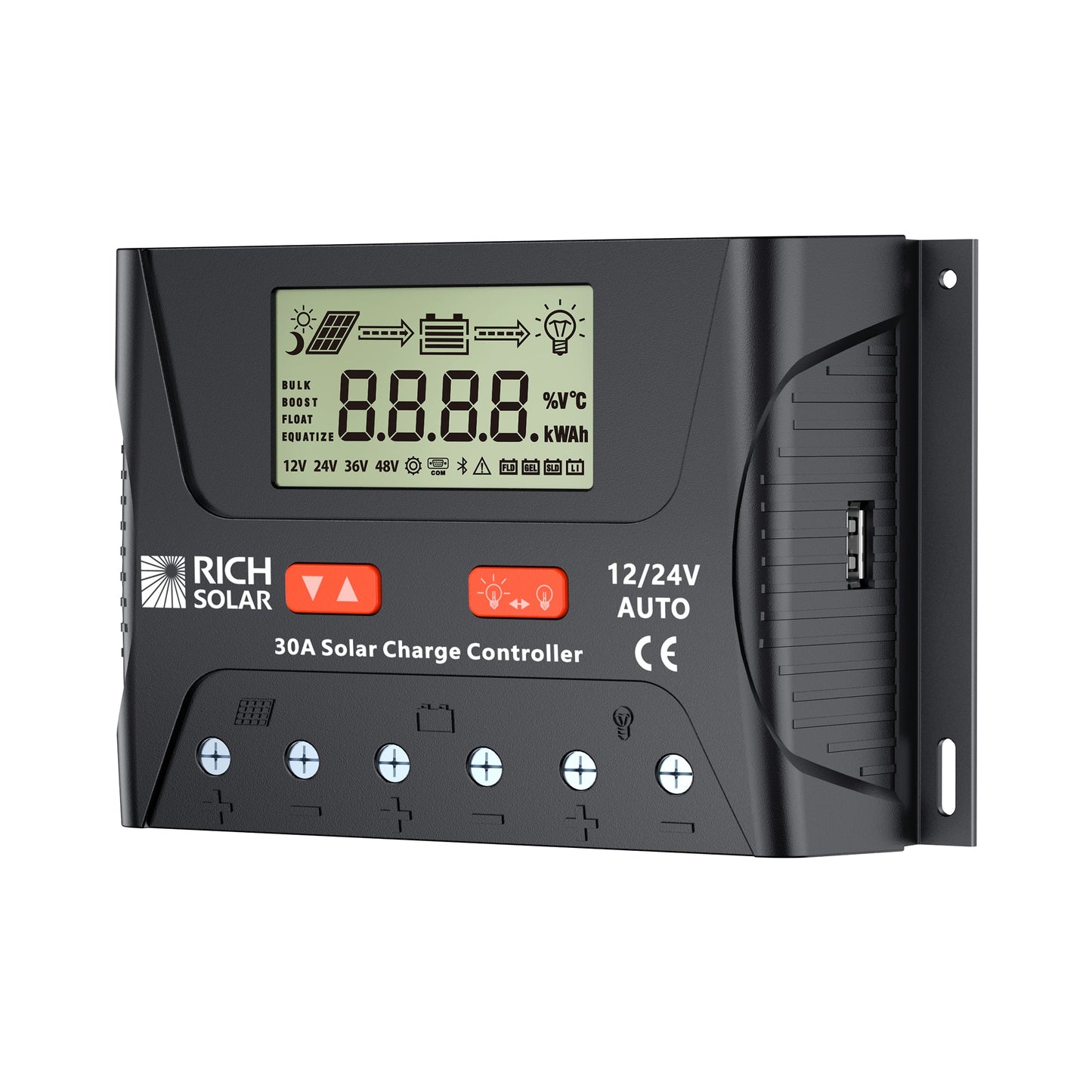 BRAVO LEGEND 30 charge controller LCD screen and two-button controls