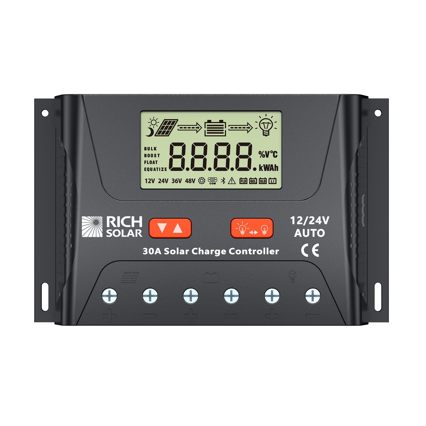 BRAVO LEGEND 30 30 amp PWM solar charge controller, front view with LCD display