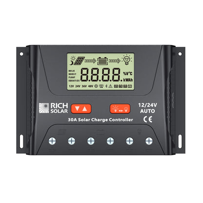 BRAVO LEGEND 30 30 amp PWM solar charge controller, front view with LCD display