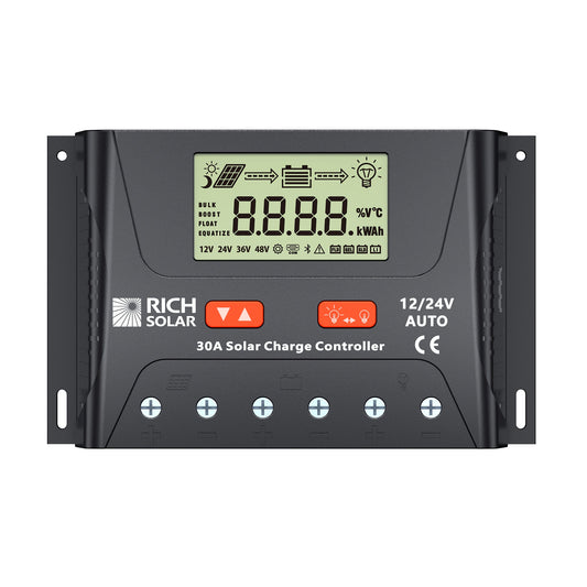 BRAVO LEGEND 30 30 amp PWM solar charge controller, front view with LCD display