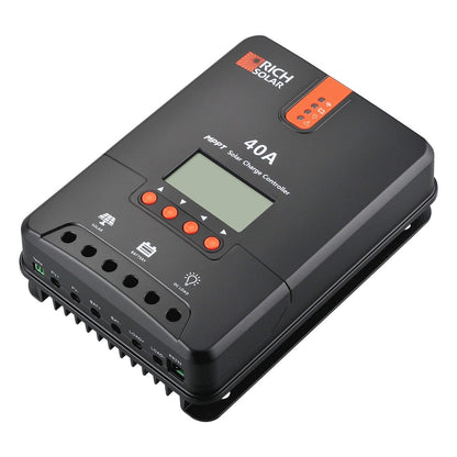 RICH SOLAR 40 amp MPPT solar charge controller, front view showing the LCD screen and button panel