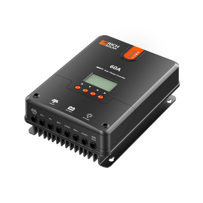 RICH SOLAR 60 amp MPPT solar charge controller, front view showing the LCD screen and button panel