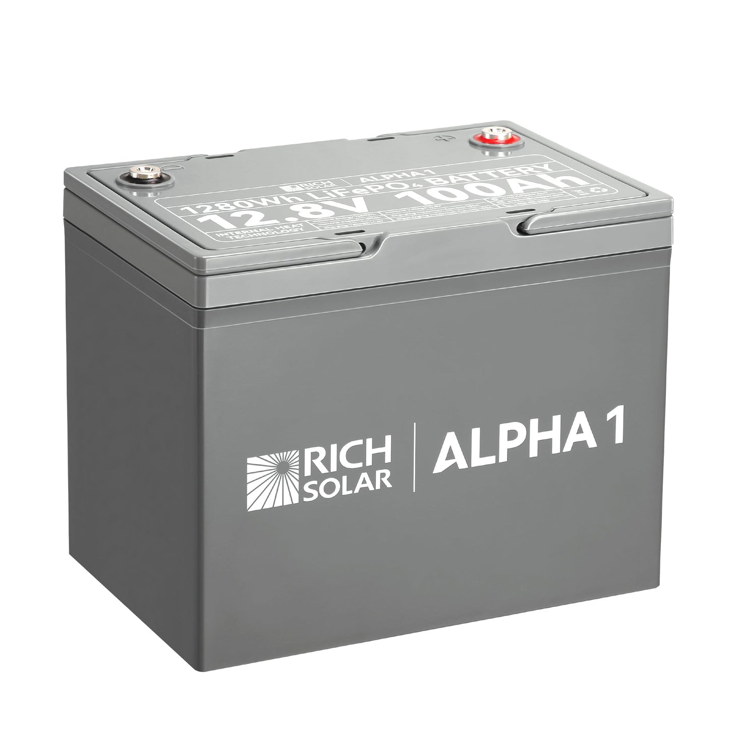 ALPHA 1 12V 100Ah LiFePO4 battery, front view of the black case with terminal posts
