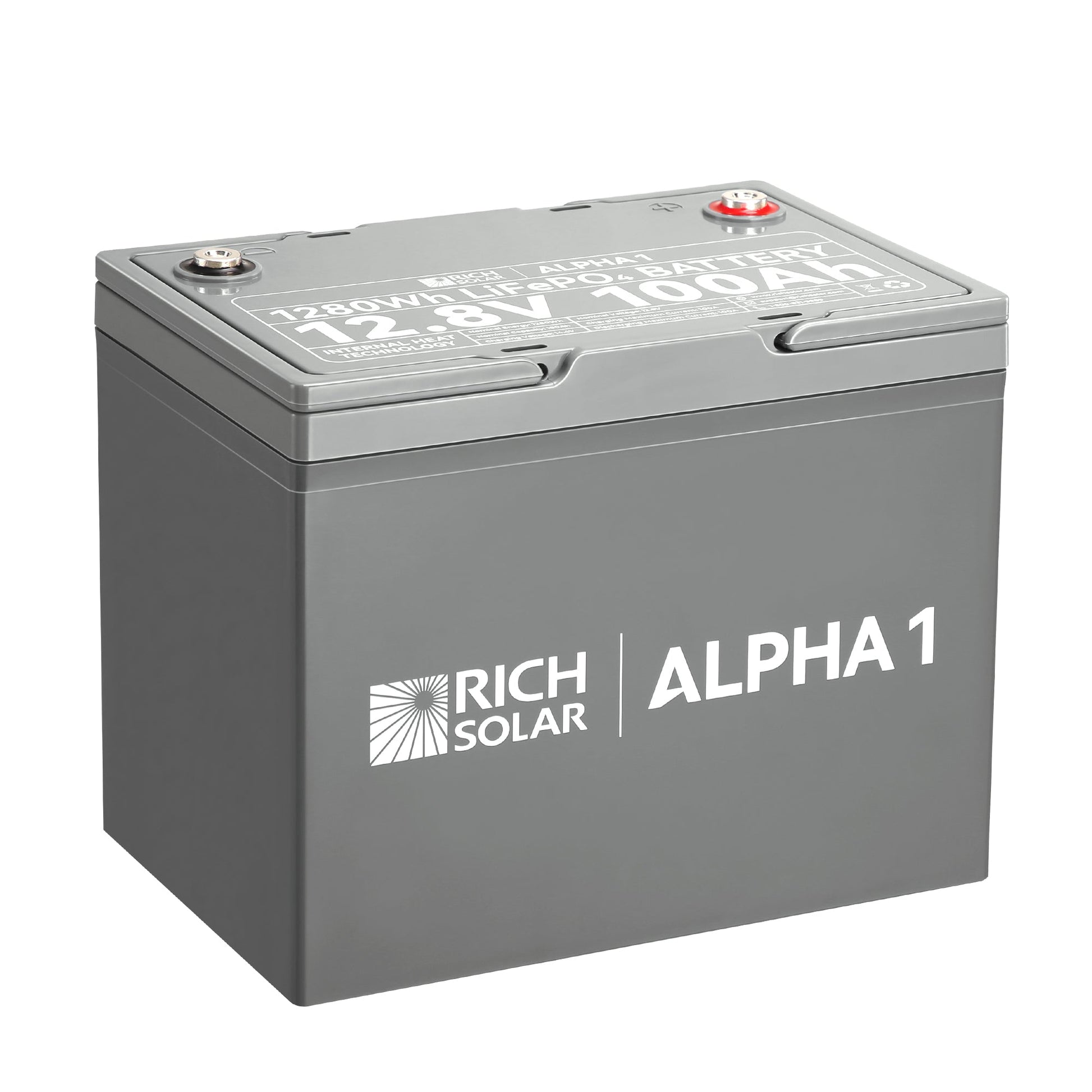 ALPHA 1 12V 100Ah LiFePO4 battery, front view of the black case with terminal posts