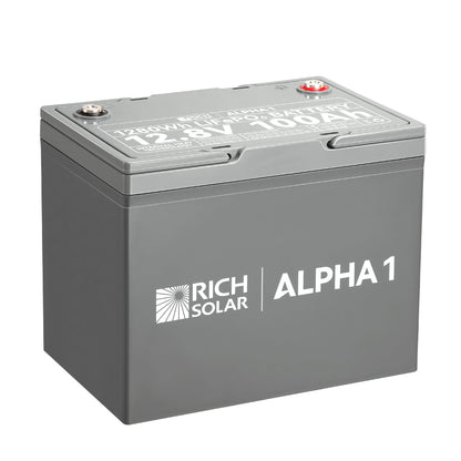ALPHA 1 12V 100Ah LiFePO4 battery, front view of the black case with terminal posts