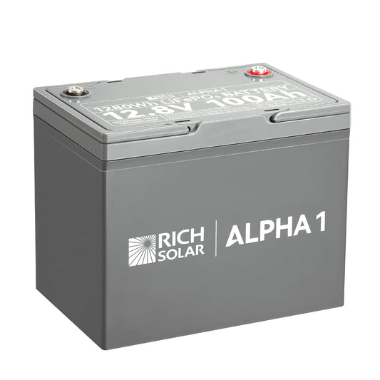 ALPHA 1 12V 100Ah LiFePO4 battery, front view of the black case with terminal posts