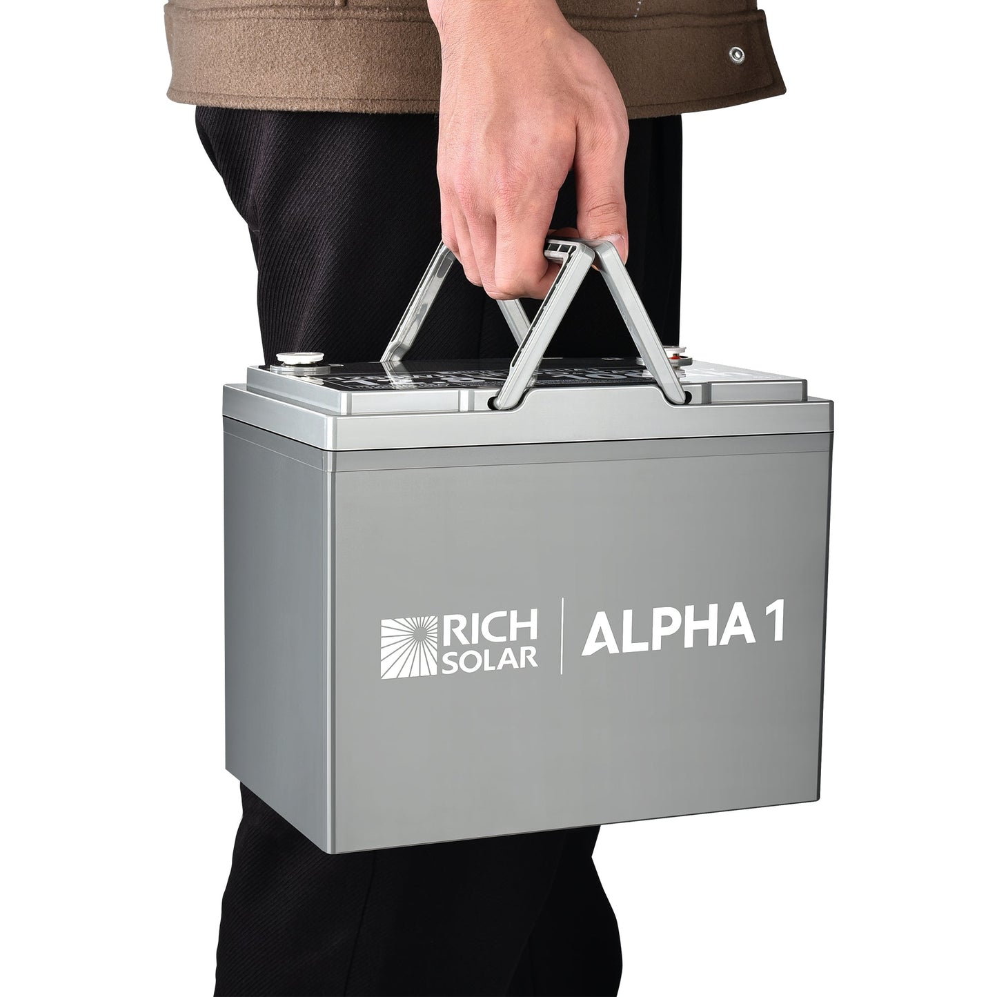 ALPHA 1 battery shown at an angle to display case depth and carry handle