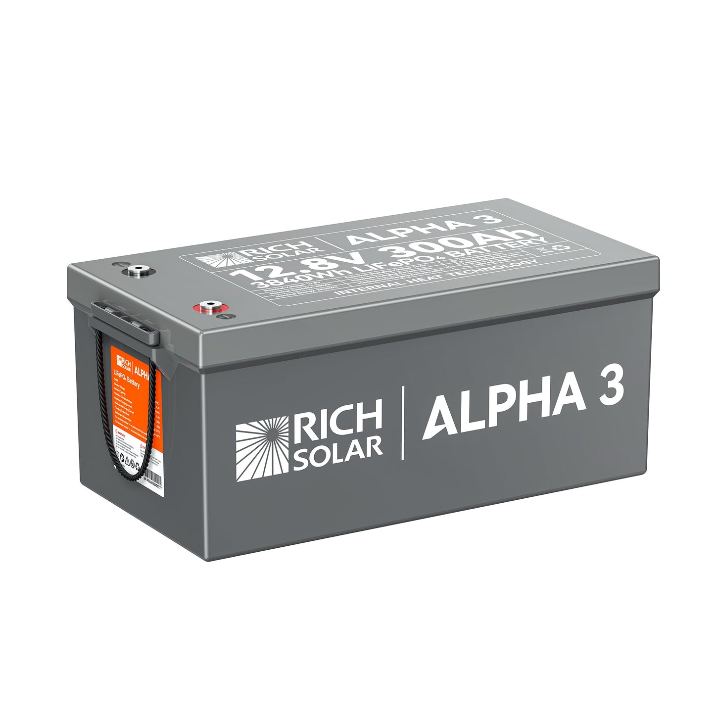 ALPHA 3 12V 300Ah LiFePO4 battery, front view of the case and terminals
