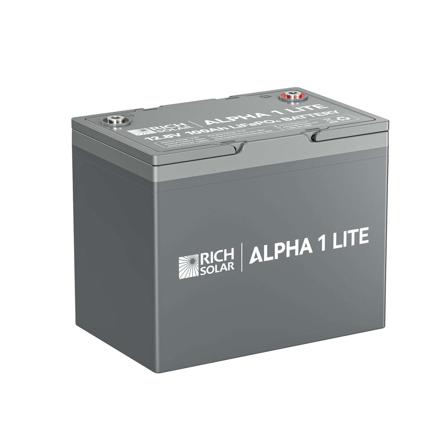 ALPHA 1 LITE 12V 100Ah LiFePO4 battery, front view of the case and terminals