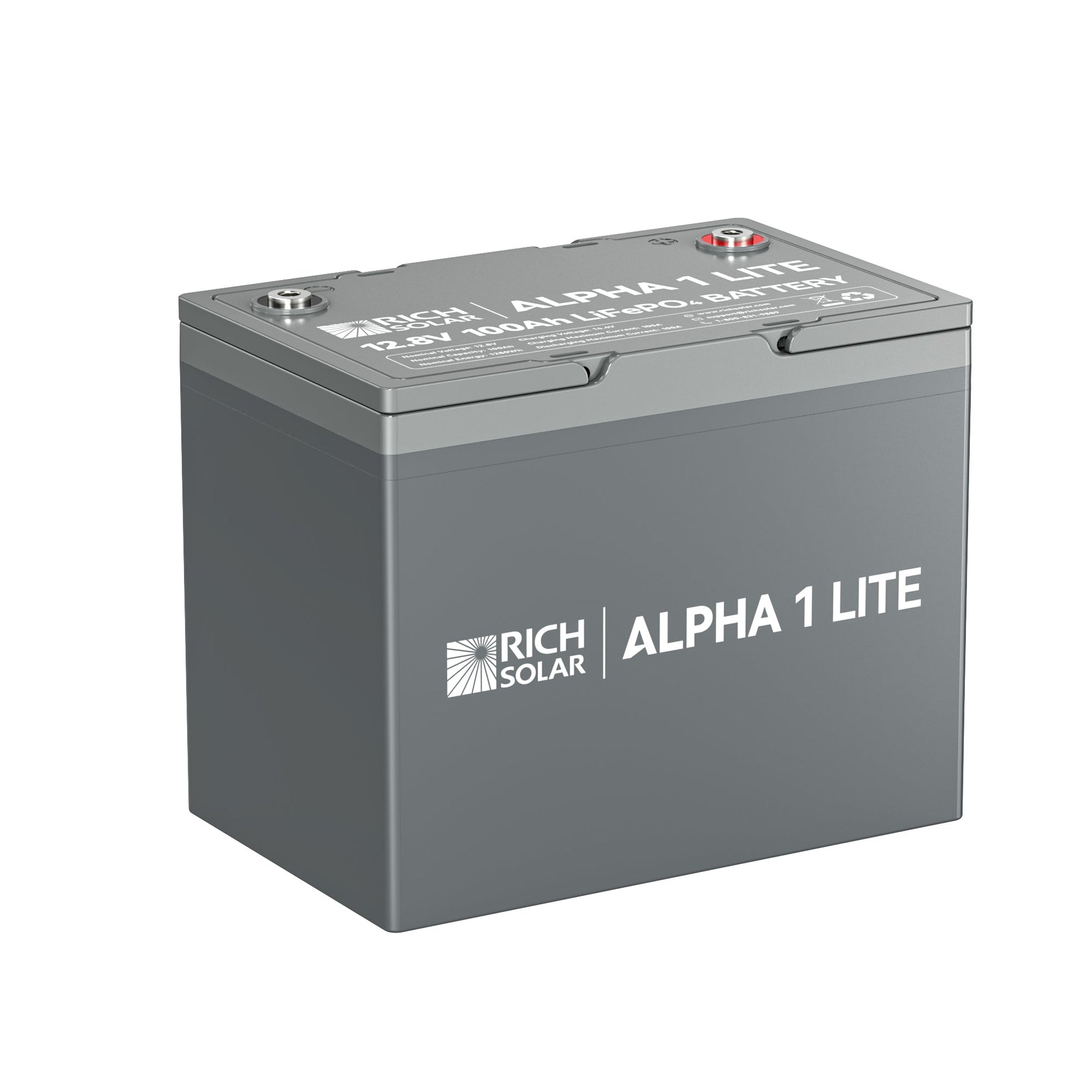 ALPHA 1 LITE 12V 100Ah LiFePO4 battery, front view of the case and terminals