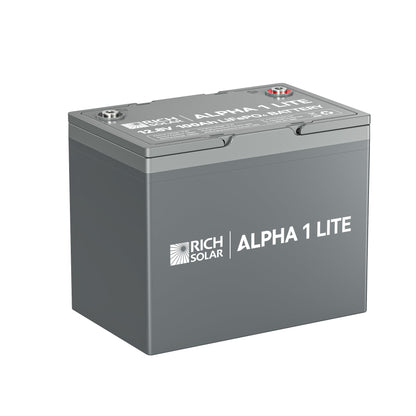 ALPHA 1 LITE 12V 100Ah LiFePO4 battery, front view of the case and terminals