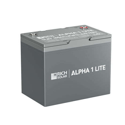 ALPHA 1 LITE 12V 100Ah LiFePO4 battery, front view of the case and terminals