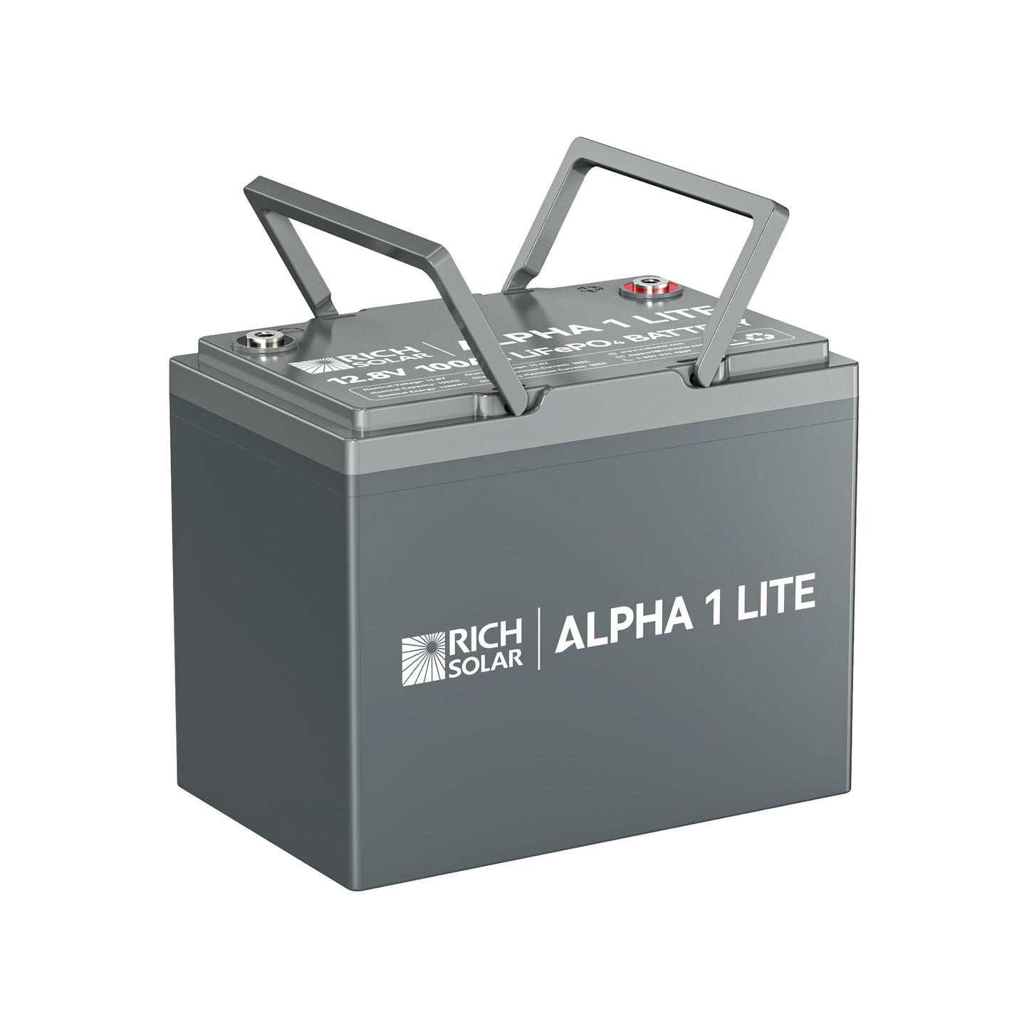 Top of the ALPHA 1 LITE showing positive and negative terminal placement