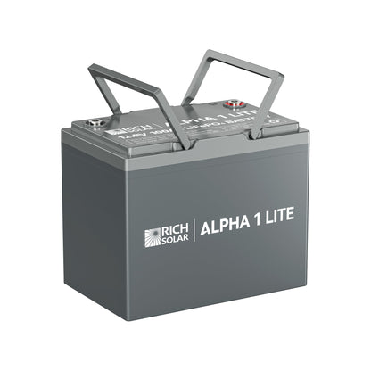 Top of the ALPHA 1 LITE showing positive and negative terminal placement