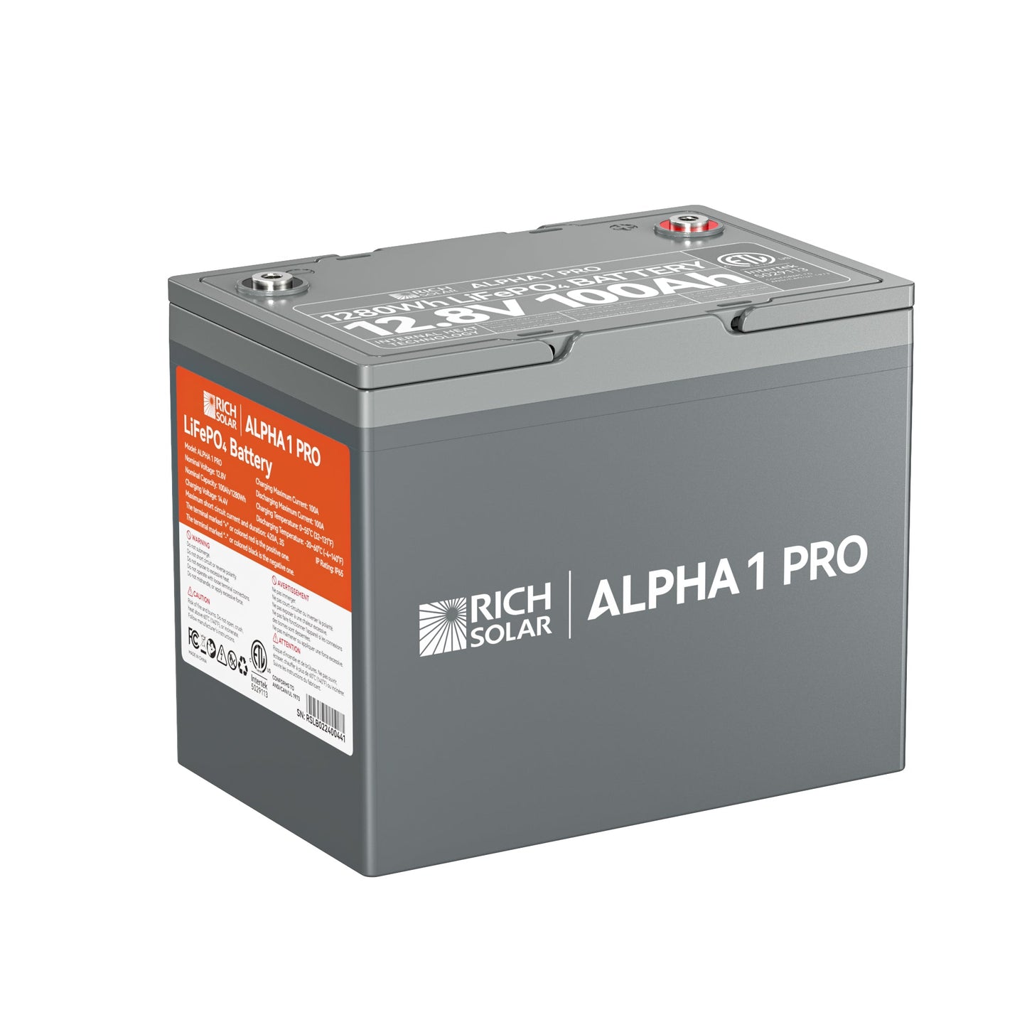 ALPHA 1 PRO 12V 100Ah LiFePO4 battery, front view of the case and terminals