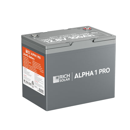 ALPHA 1 PRO 12V 100Ah LiFePO4 battery, front view of the case and terminals