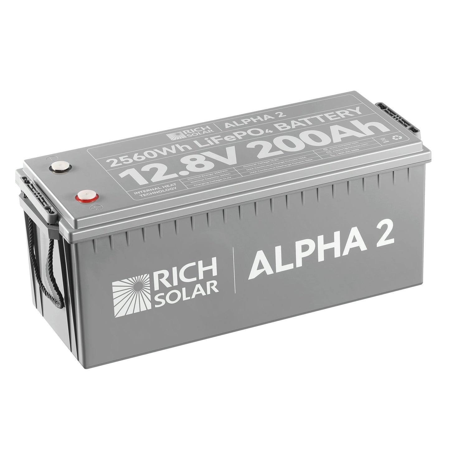 ALPHA 2 12V 200Ah LiFePO4 battery, front view of the case and terminals