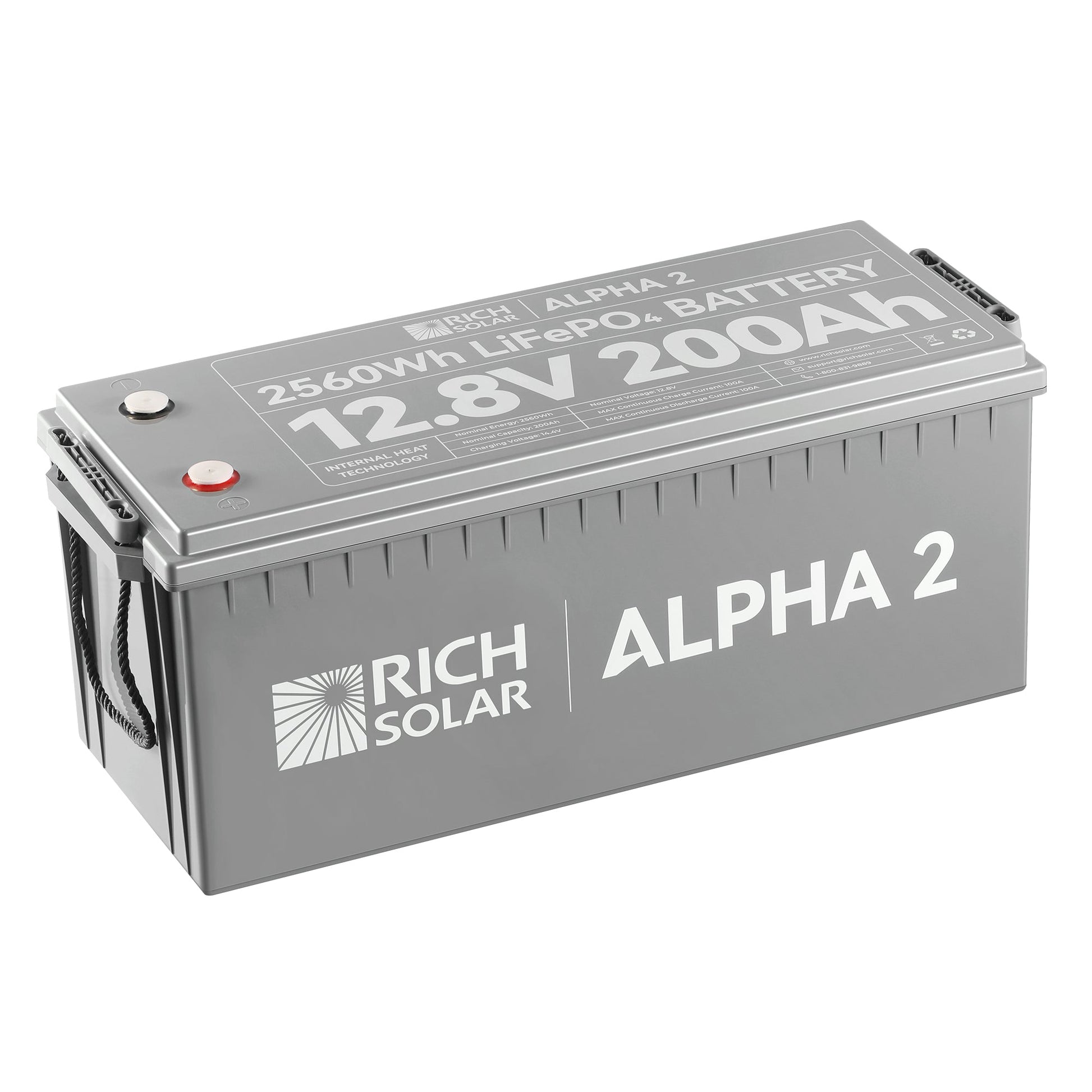 ALPHA 2 12V 200Ah LiFePO4 battery, front view of the case and terminals