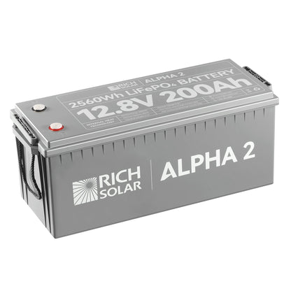 ALPHA 2 12V 200Ah LiFePO4 battery, front view of the case and terminals
