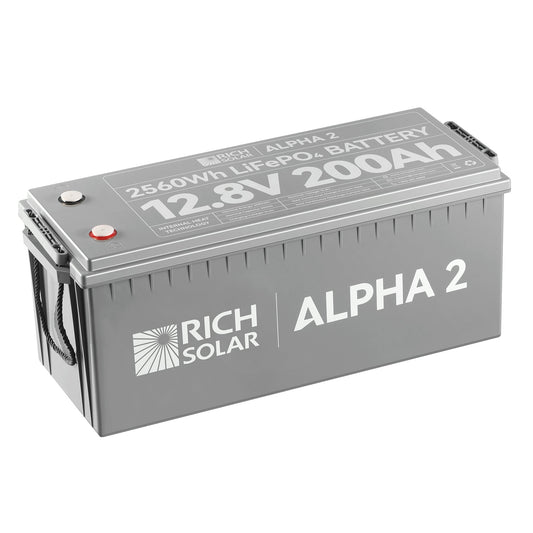 ALPHA 2 12V 200Ah LiFePO4 battery, front view of the case and terminals