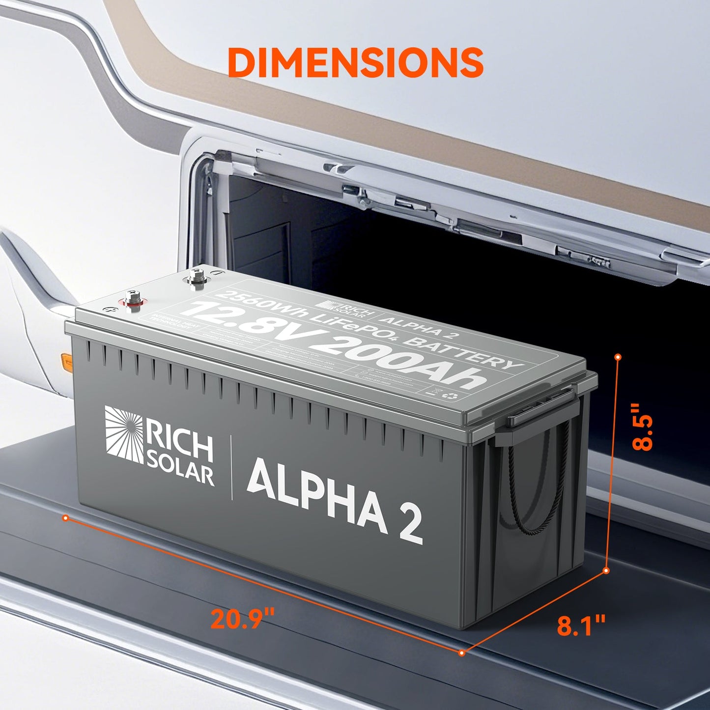 ALPHA 2 battery side profile with the specification label