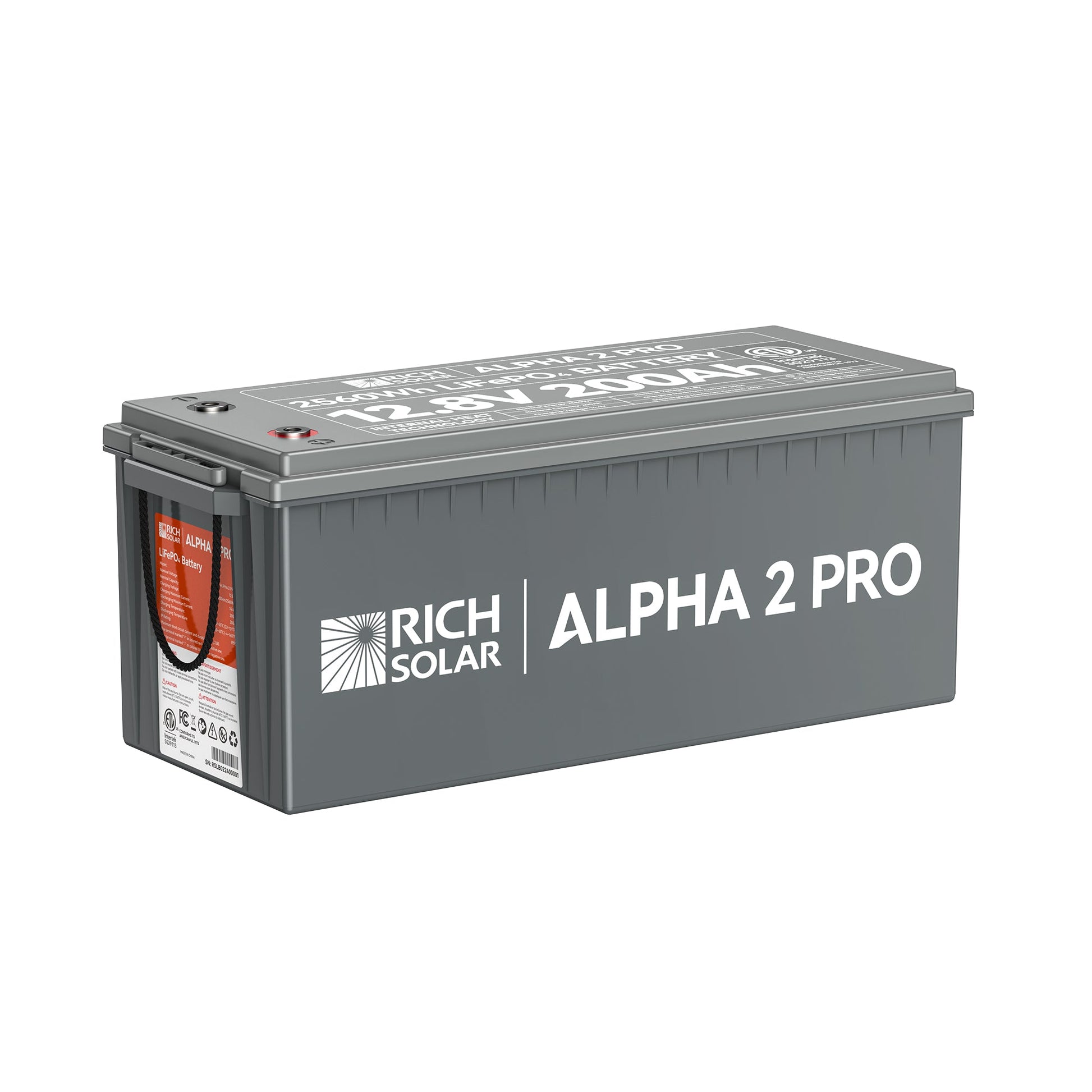 ALPHA 2 PRO 12V 200Ah LiFePO4 battery, front view of the case and terminals