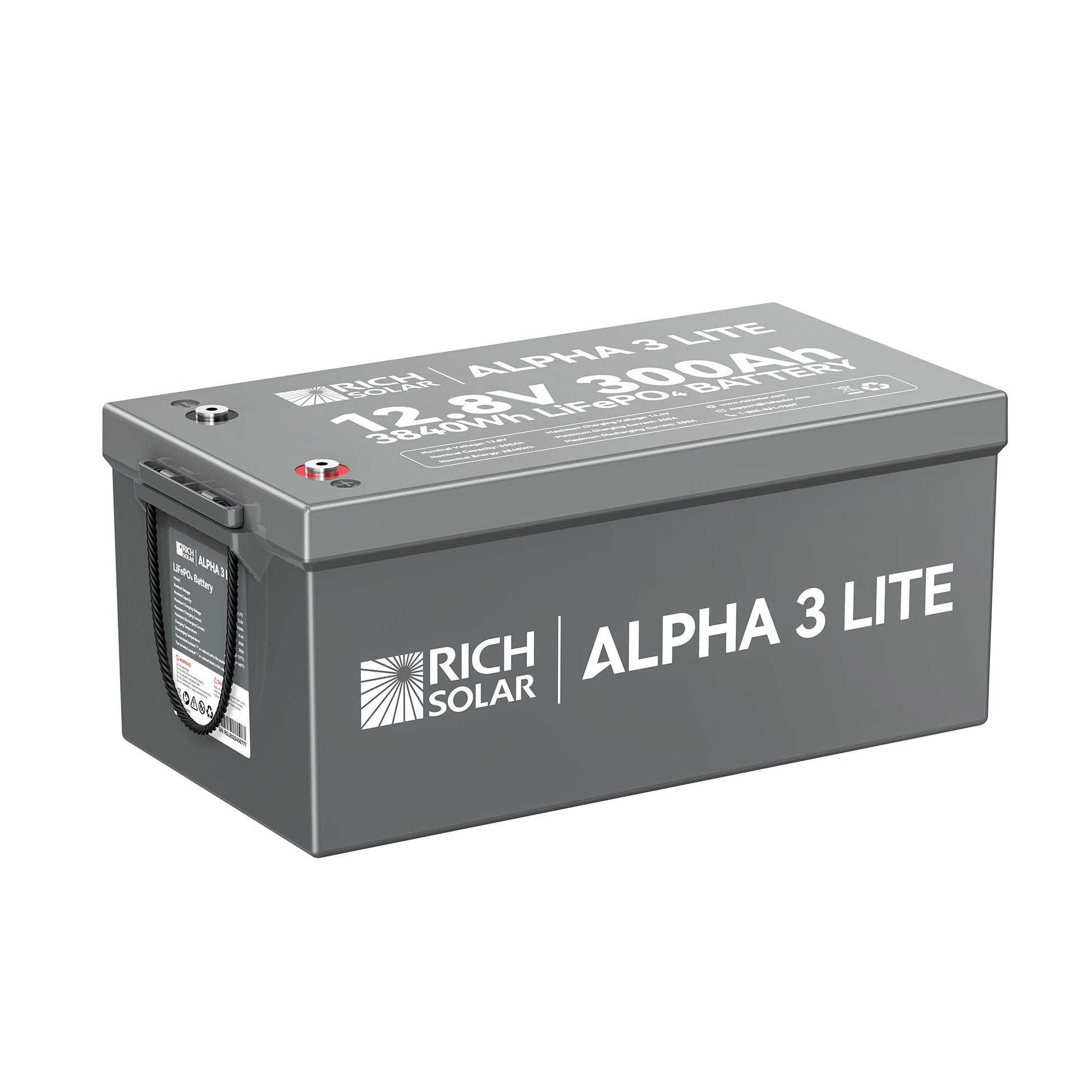 ALPHA 3 LITE 12V 300Ah LiFePO4 battery, front view of the case and terminals