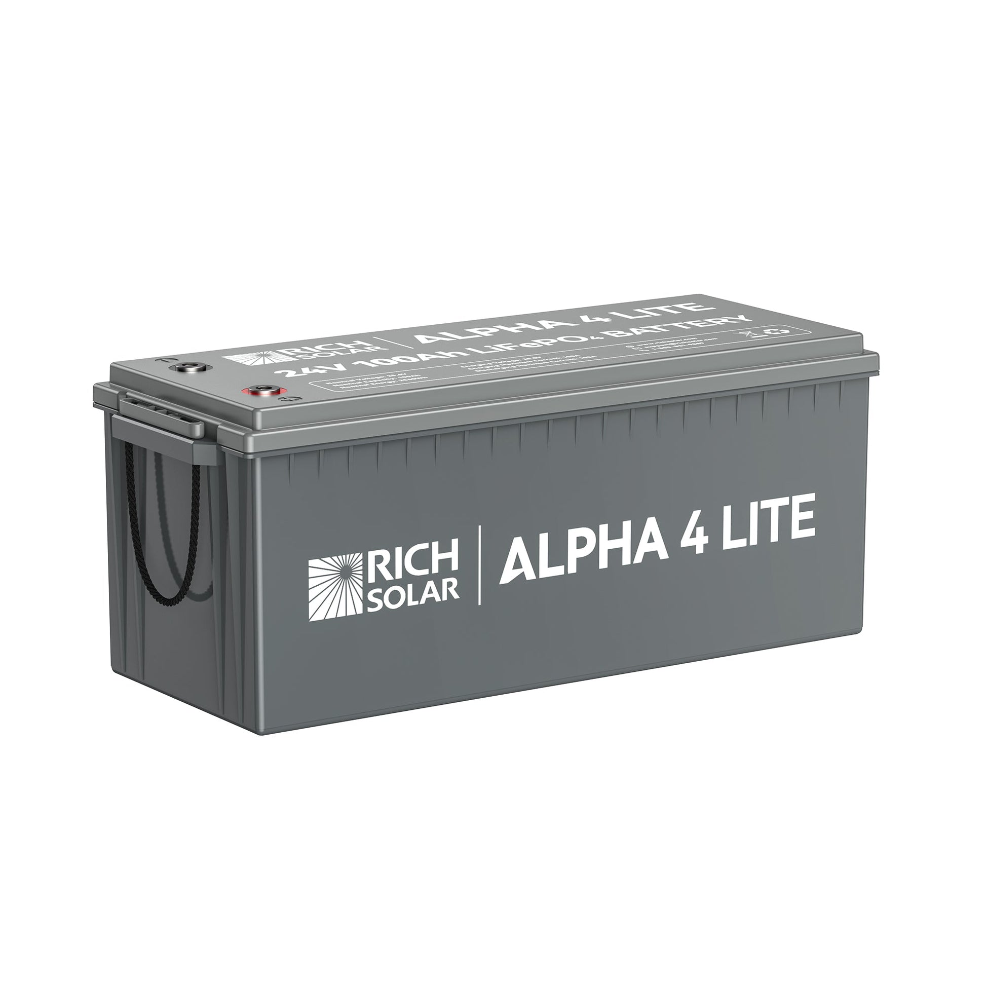 ALPHA 4 LITE 24V 100Ah LiFePO4 battery, front view of the case and terminals