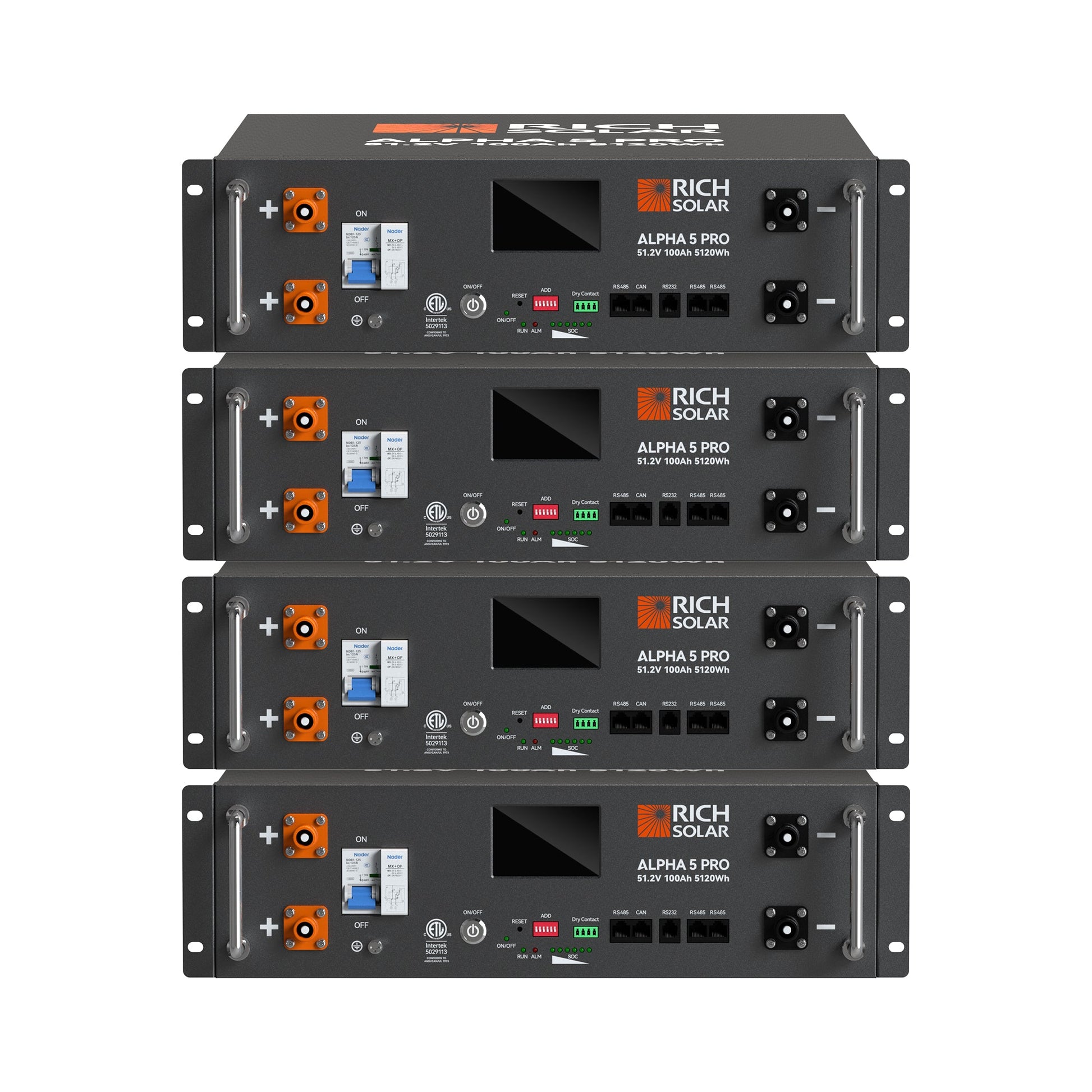 Four ALPHA 5 PRO batteries mounted in the server rack
