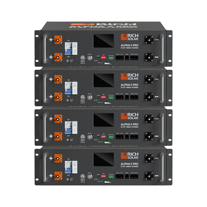Four ALPHA 5 PRO batteries mounted in the server rack