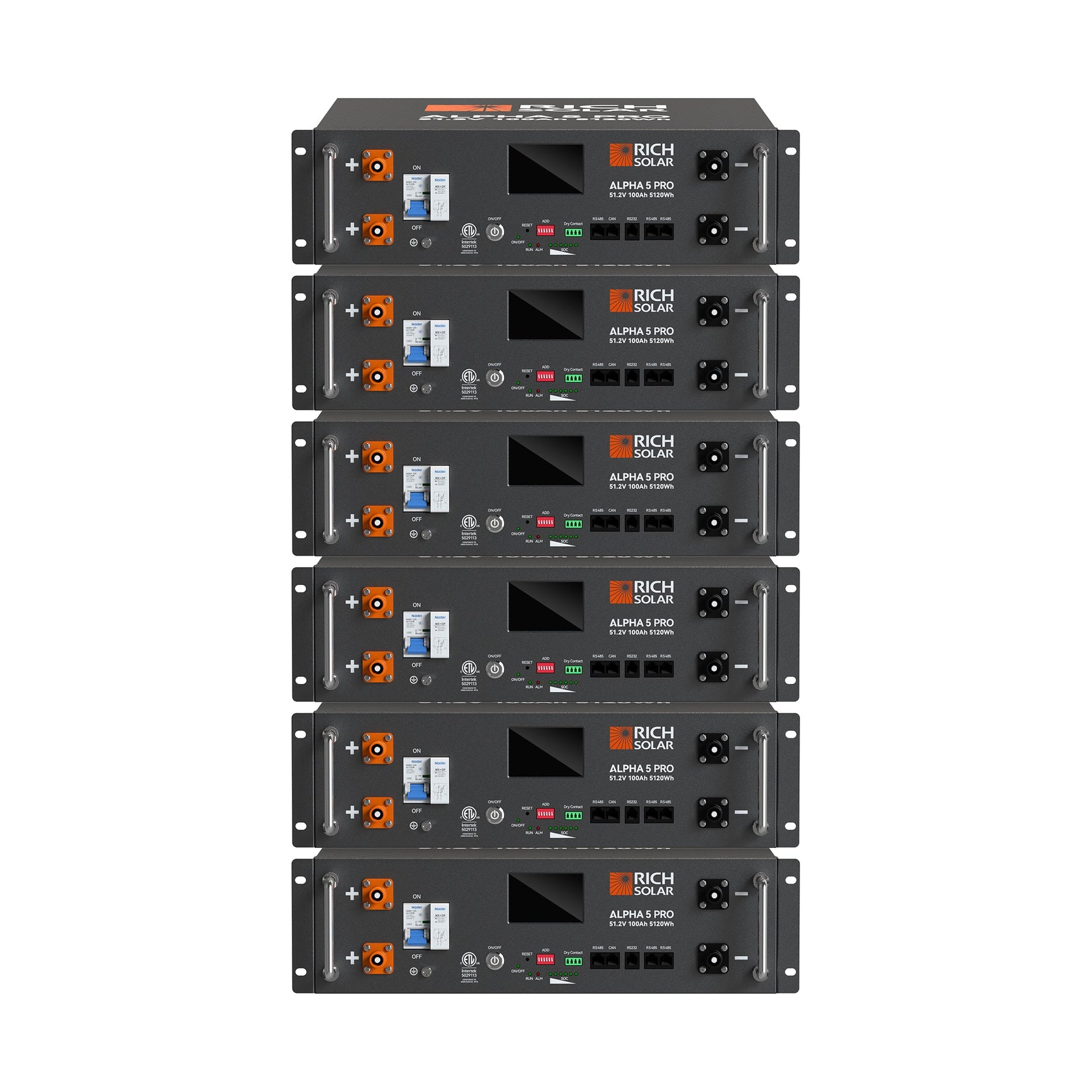 Six ALPHA 5 PRO batteries filling the server rack for 30.72kWh
