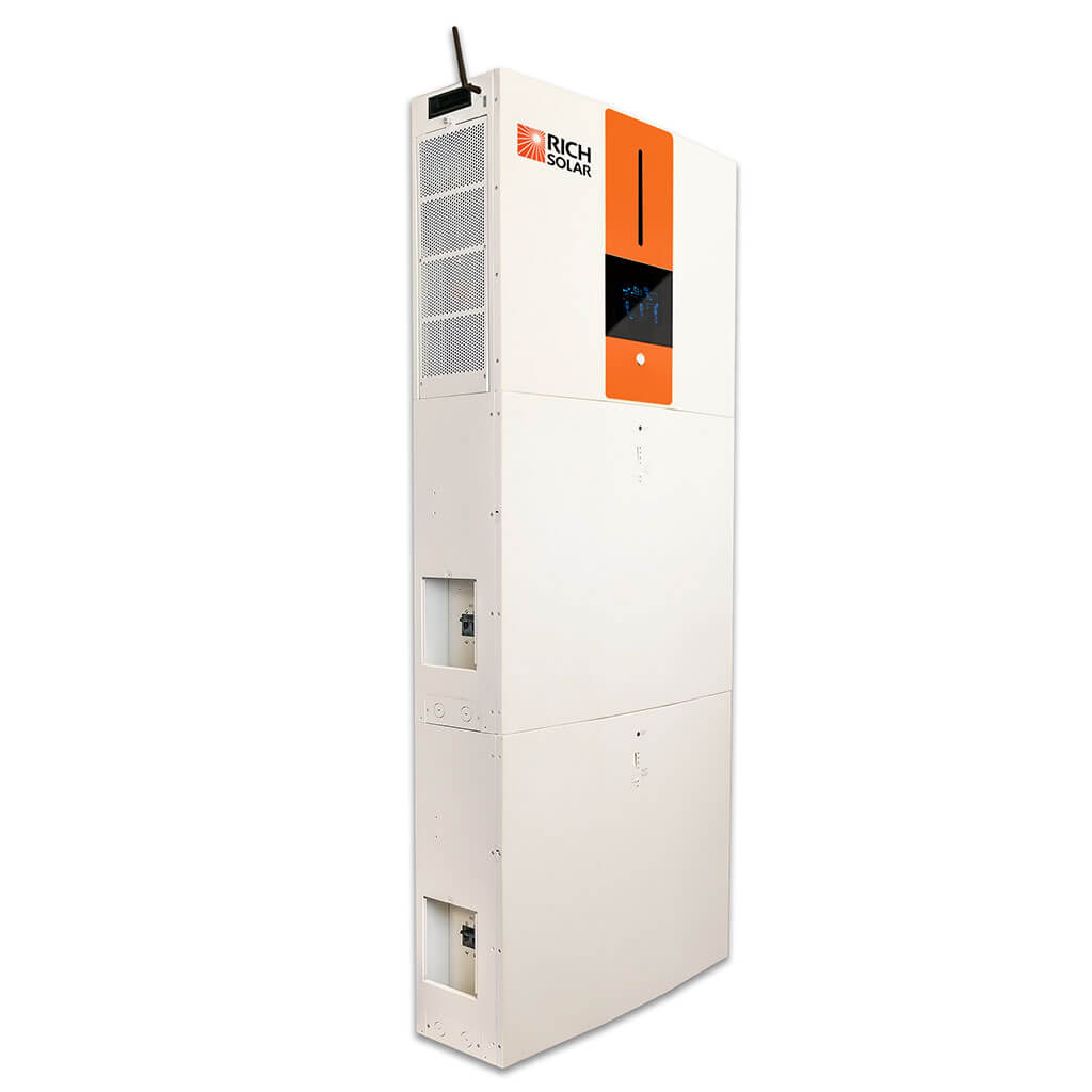 Energy storage cabinet showing inverter and battery sections