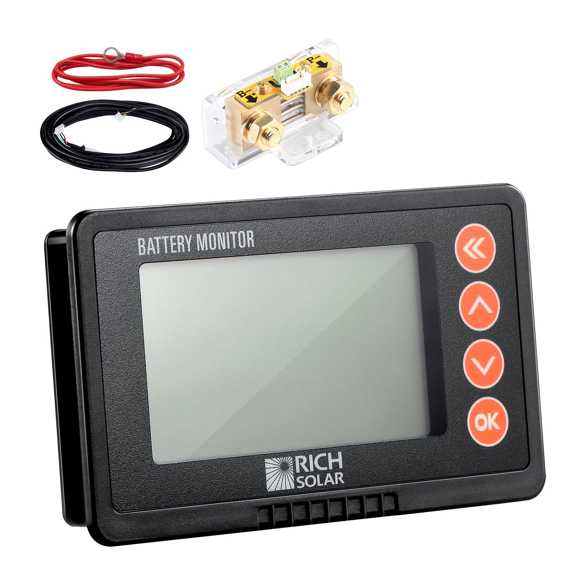 Rich Solar RS-BM500 battery monitor display showing voltage and state of charge