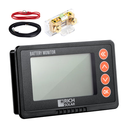 Rich Solar RS-BM500 battery monitor display showing voltage and state of charge