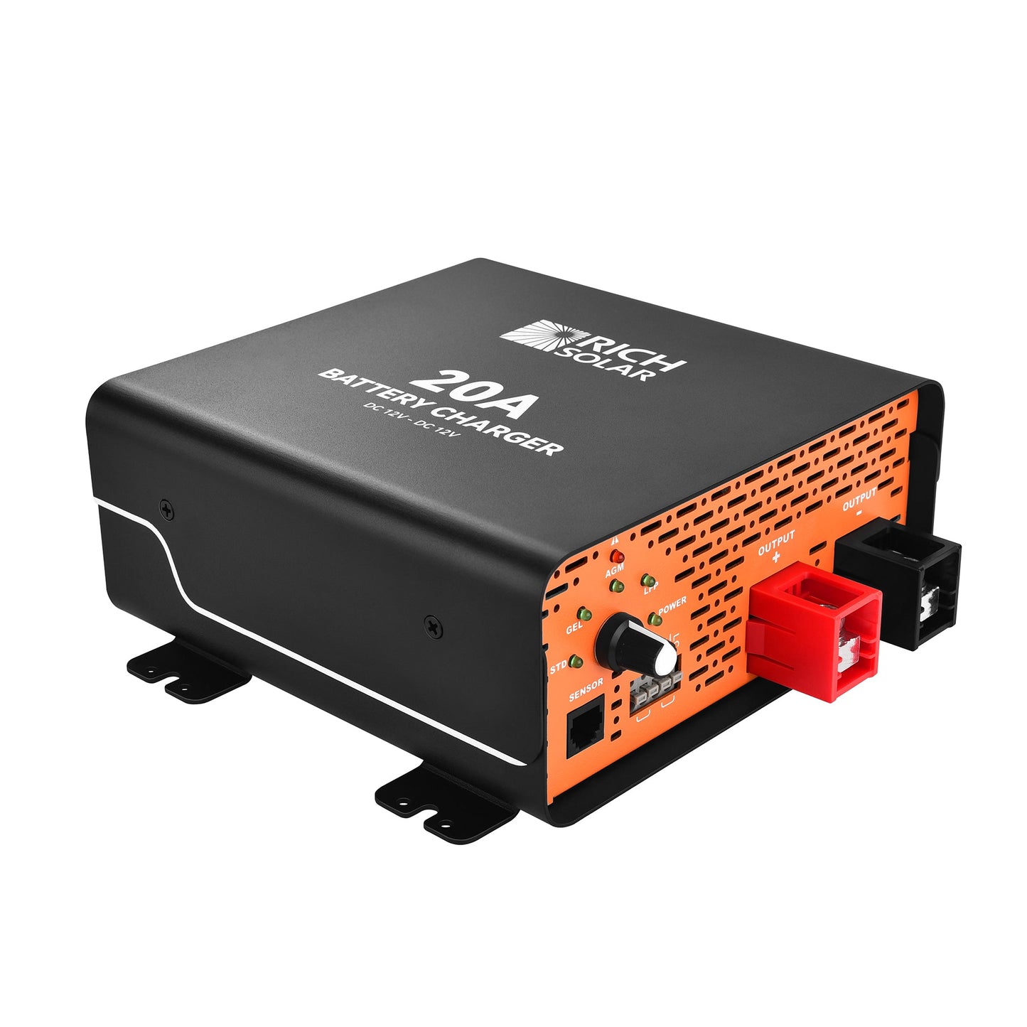 D plus ignition, LC low current and RJ11 sensor ports on the 20A charger